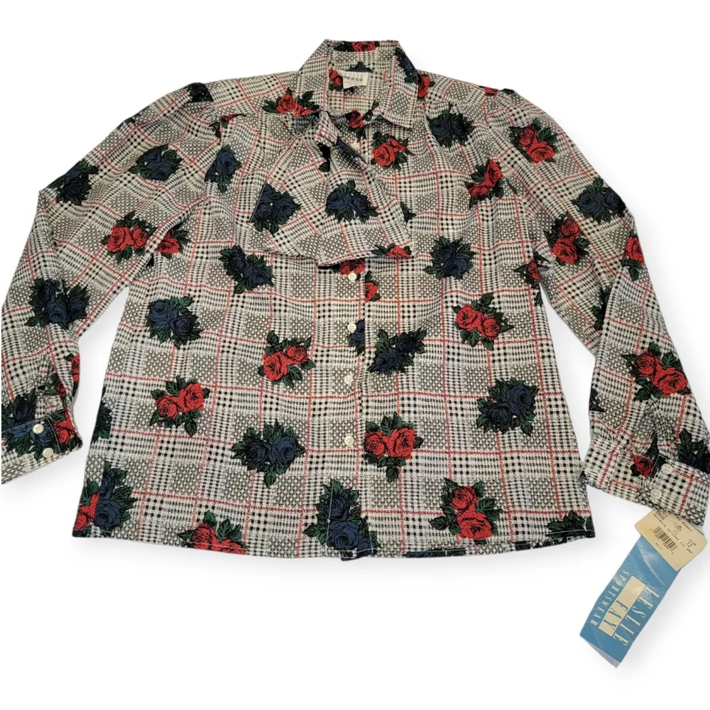 Vintage Leslie Fay Sportswear Floral Gingham Puff Sleeve Tie Button Up Top NWT! - Picture 3 of 16